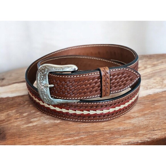 Western Ranger Adult Leather Belt Brick Hand Paint Center Rawhide Lace Size 44 - Picture 1 of 4